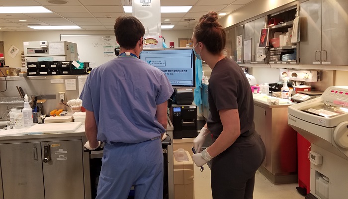two staff members looking at monitor