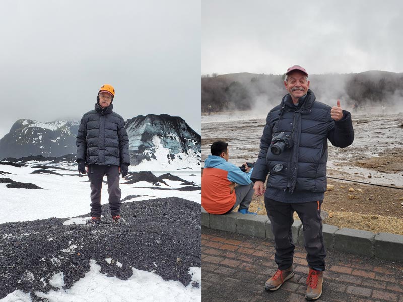 A person posed for a photo by glaciers and ice caves in Iceland